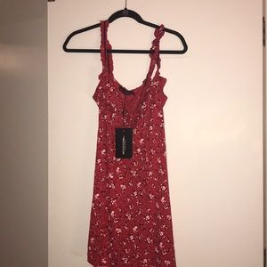pretty little thing red floral print frill detail shift dress